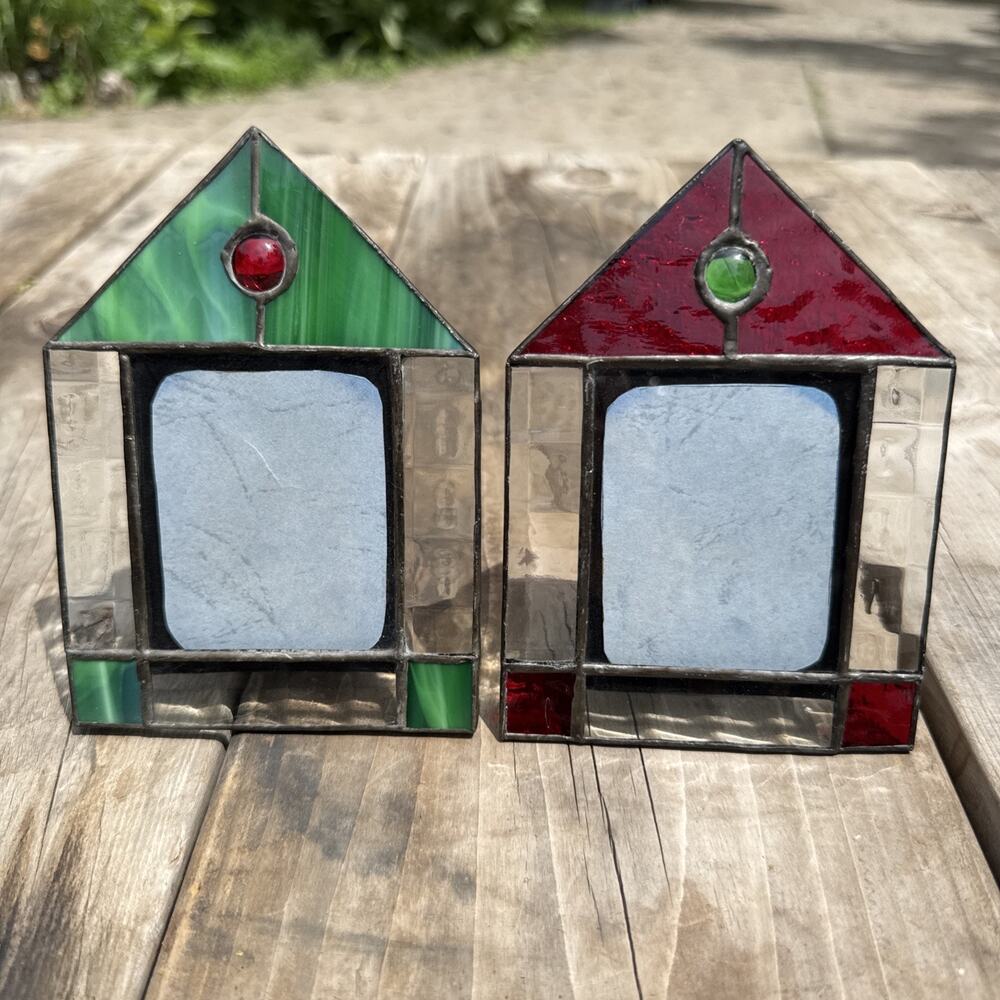 Vintage Stained Glass Picture Frames Pair Small Multicolor Glass Panels 2.5x3”